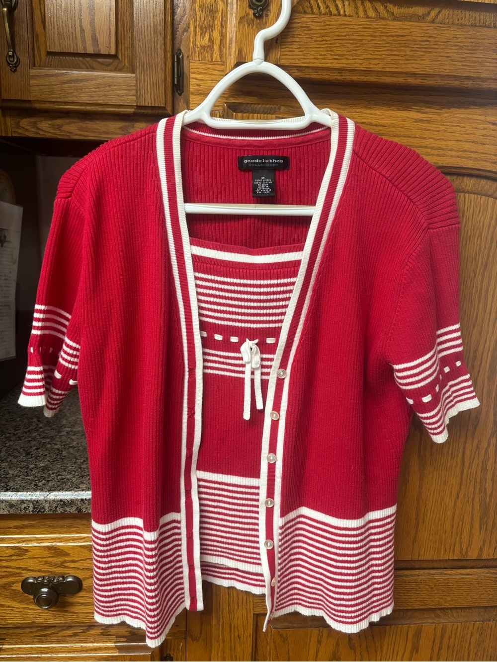 Goodclothes Red & White Striped Short-Sleeve Sweater Cardigan Set
